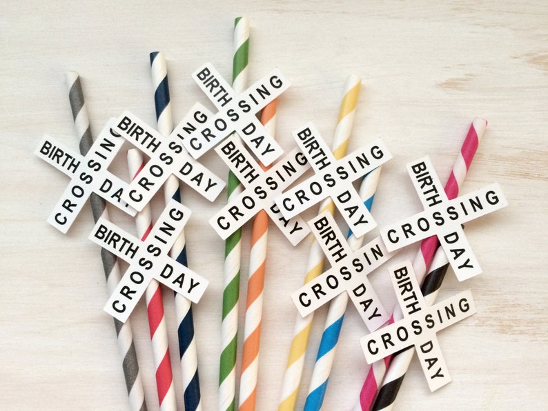 May include: A set of eight colorful striped straws with white paper flags attached. Each flag has the words "Birth Day Crossing" written on it.