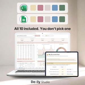 Może przedstawiać: Laptop i tablet wyświetlające arkusze kalkulacyjne budżetu finansowego z tekstem All 10 included. You don't pick one oraz De-ily Studio. Ekran pokazuje tabele, wykresy i pola konfiguracji dochodów w palecie kolorów kremowego, różowego i zielonego.