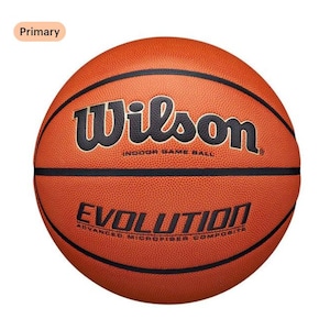May include: An orange basketball with a pebbled texture and black rubber channels. The ball features the black text Wilson, Indoor Game Ball, Evolution, and Advanced Microfiber Composite printed on the front surface in a bold, sans-serif font.