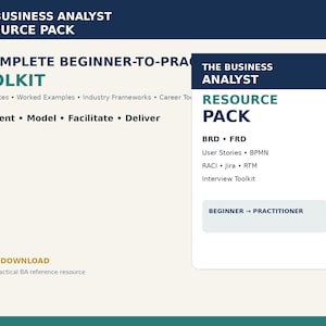 Può includere: Un pacchetto di risorse digitali per business analyst intitolato The Business Analyst Resource Pack. Include 14 modelli, esempi, framework di settore e strumenti di carriera. Il testo include Document, Model, Facilitate, Deliver, BRD, FRD, User Stories, BPMN, RACI, Jira, RTM e Interview Toolkit.