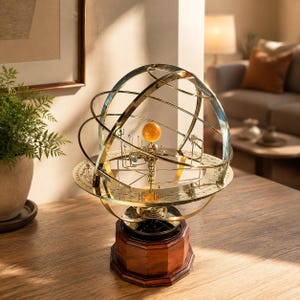 Op de afbeelding: Een messing orrery-model met een centrale oranje bol die de zon voorstelt, omringd door kleinere planetaire bollen op metalen armen, omsloten door roterende messing ringen, gemonteerd op een achthoekige donkerhouten voet.
