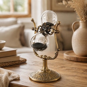 Puede incluir: Un reloj de arena con bulbos de vidrio transparente que contienen arena negra, sostenido por un marco de metal en tono latón de estilo antiguo. La base y el conector central presentan intrincados patrones florales en relieve.