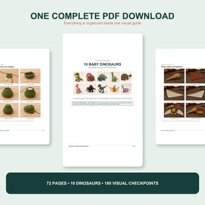 Download overview for the Dinosaur Crochet Pattern Bundle showing three PDF page previews, including the cover and step-photo layouts. Text on the page states one complete PDF download with 72 pages, 10 dinosaurs, and 180 visual checkpoints for a crochet plushie pattern pdf.
