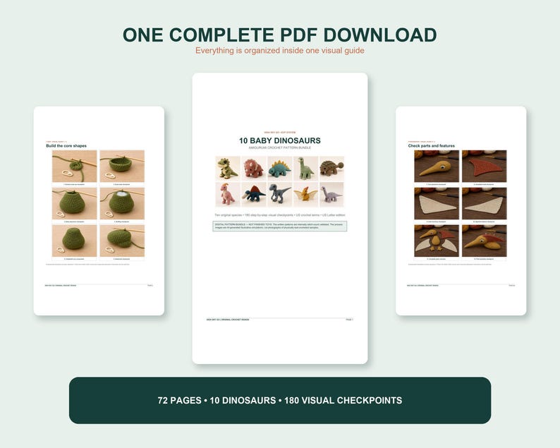 Download overview for the Dinosaur Crochet Pattern Bundle showing three PDF page previews, including the cover and step-photo layouts. Text on the page states one complete PDF download with 72 pages, 10 dinosaurs, and 180 visual checkpoints for a crochet plushie pattern pdf.