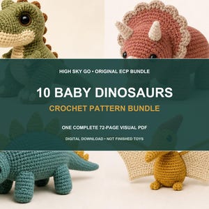 Title slide for the Dinosaur Crochet Pattern Bundle with four finished baby dinosaur plushies around a text panel that reads 10 Baby Dinosaurs Crochet Pattern Bundle. This beginner crochet pattern is shown as a digital PDF download, not finished toys.