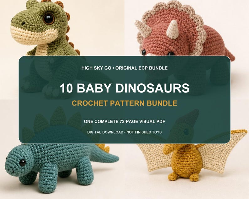 Title slide for the Dinosaur Crochet Pattern Bundle with four finished baby dinosaur plushies around a text panel that reads 10 Baby Dinosaurs Crochet Pattern Bundle. This beginner crochet pattern is shown as a digital PDF download, not finished toys.