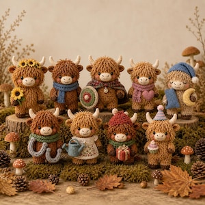 May include: A collection of nine crocheted Highland cow figurines in various outfits and poses. The figures feature textured brown yarn, small horns, and distinct accessories including sunflowers, scarves, a shield, a cape, a watering can, and a party hat.