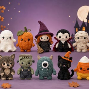 May include: A collection of nine crocheted Halloween figures including a white ghost, orange pumpkin, witch with a broom, vampire, mummy, werewolf, Frankenstein monster, one-eyed blue monster, black cat, and a piece of candy corn.