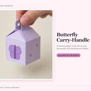 May include: A light purple paper craft box with a carry-handle, featuring a dark purple butterfly graphic and small yellow star icons on the side. The text on the image reads Butterfly Carry-Handle, A finished paper craft with its own personality and dimensional details, and INCLUDED IN THE BUNDLE.