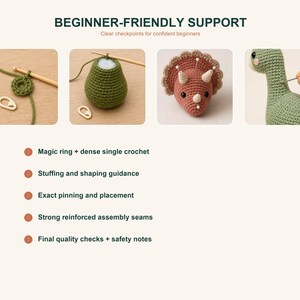Support page for the Dinosaur Crochet Pattern Bundle with beginner-friendly notes and four close-up process photos. Bullet points mention magic ring, stuffing and shaping, pinning placement, reinforced seams, and final checks for a beginner amigurumi pattern.