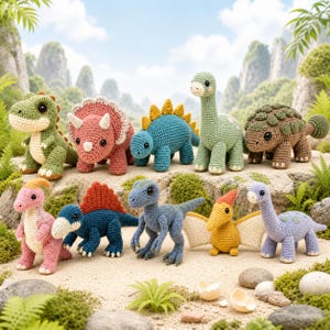 May include: A collection of ten crocheted dinosaur toys in various colours including green, pink, blue, and brown. The figures feature detailed stitching, dark safety eyes, and distinct prehistoric shapes like triceratops, stegosaurus, and pterodactyl.