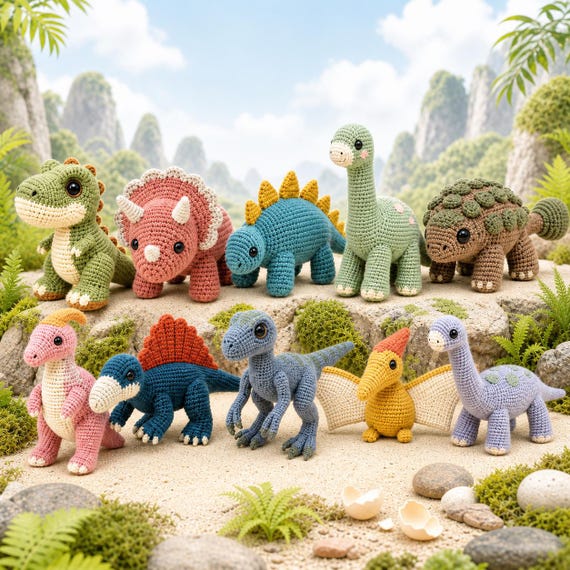 Dinosaur Crochet Pattern Bundle, 10 Baby Dinosaur Amigurumi Patterns, Beginner Crochet PDF, Cute Prehistoric Plushie Tutorial
