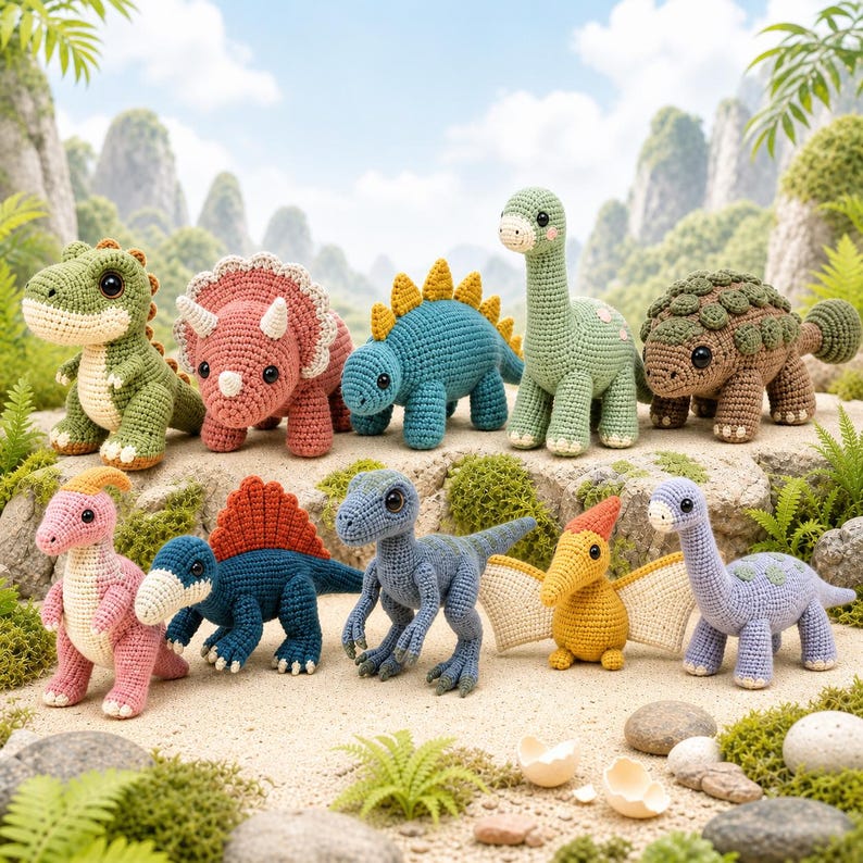 Cover photo for the Dinosaur Crochet Pattern Bundle showing 10 finished baby dinosaur amigurumi toys arranged in a prehistoric-style scene. The set includes a T-Rex, triceratops, stegosaurus, long-neck dinosaurs, ankylosaurus, raptor, pteranodon, and more as a dinosaur crochet pattern collection.