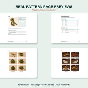 Preview page for the Dinosaur Crochet Pattern Bundle showing four sample PDF pages from the guide. The layouts include a finished dinosaur photo, component tables, step photos, and assembly instructions from the crochet pattern pdf.