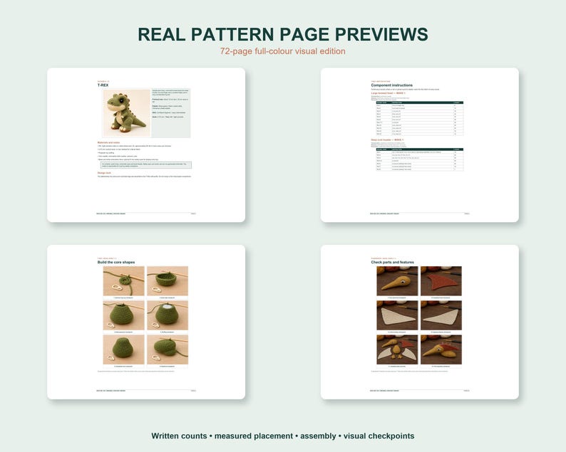 Preview page for the Dinosaur Crochet Pattern Bundle showing four sample PDF pages from the guide. The layouts include a finished dinosaur photo, component tables, step photos, and assembly instructions from the crochet pattern pdf.