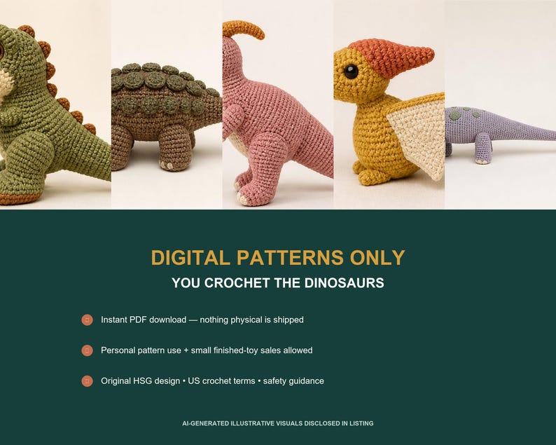 May include: Five crocheted dinosaur toys in green, brown, pink, yellow, and purple. Text reads: DIGITAL PATTERNS ONLY, YOU CROCHET THE DINOSAURS, Instant PDF download, Personal pattern use, Original HSG design, US crochet terms, safety guidance.