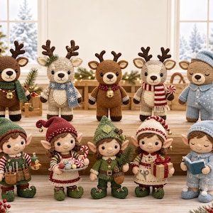 May include: A collection of ten handmade crochet dolls featuring five reindeer figures in various brown and grey tones with scarves and bells, and five elf figures dressed in festive outfits, including pyjamas, aprons, and hats, arranged on a wooden surface.