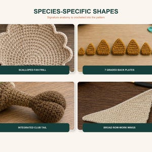 Feature page for the Dinosaur Crochet Pattern Bundle highlighting species-specific shapes with close-up photos. It shows a scalloped frill, graded back plates, a club tail, and broad wings from different dinosaur designs in the crochet plushie pattern set.