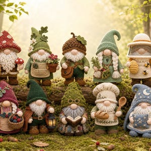 Può includere: Una collezione di nove statuette di gnomi all'uncinetto con vari temi, tra cui un fungo, un giardiniere, una ghianda, un apicoltore, un panettiere e una figura celeste, tutti realizzati con trame di filato dettagliate.