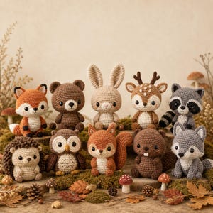 May include: A collection of ten small crocheted animal figures including a fox, bear, rabbit, deer, raccoon, hedgehog, owl, squirrel, beaver, and wolf. Each figure is crafted with yarn in natural tones and features embroidered facial details.