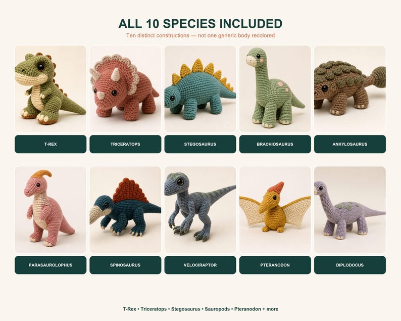 Overview page for the Dinosaur Crochet Pattern Bundle showing all 10 included species in labeled thumbnail photos. Each finished dinosaur is displayed separately, making this amigurumi crochet pattern bundle easy to preview.