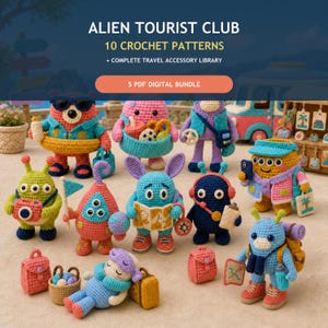 Alien Crochet Pattern Bundle 10 Tourist Amigurumi Dolls, Photo Tutorial PDF