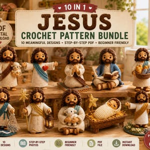 May include: A 10-in-1 Jesus crochet pattern bundle featuring ten distinct amigurumi figures of Jesus in various poses, including holding a lamb, a lantern, a star, and a basket of bread and fish, presented as a digital PDF download.
