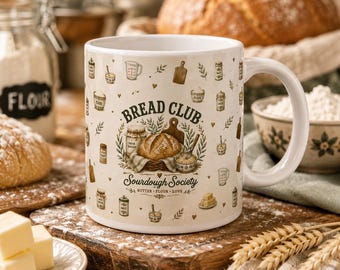 Kubek Klubu Chleba, kubek do kawy Sourdough Society, prezent dla miłośnika chleba na zakwasie, kubek do pieczenia chleba, kubek kuchenny Cottagecore, prezent dla piekarza, rustykalny kubek do chleba