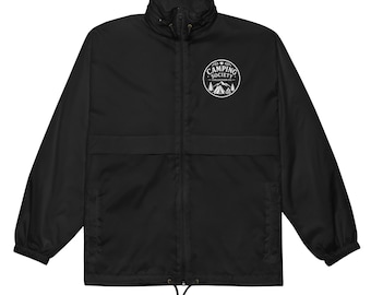 Giacca a vento Camping Society, abbigliamento leggero per escursionismo all'aperto, grafica falò.