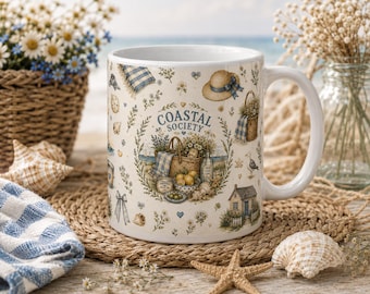 Mok met kustthema, koffiemok met strandthema, cadeau voor een kustoma, mok voor oceaanliefhebbers, nautische koffiebeker, mok met schelpen, stranddecoratie in cottagecore-stijl