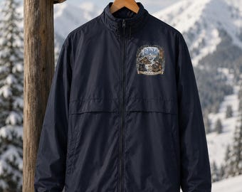 Ski Society windjack, kunstwerk van Alpine Lodge, winterkleding voor skiën