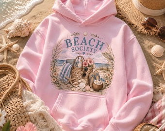 Beach Society Hoodie, Pullover Hoodie voor strandliefhebbers, Sweatshirt met kustthema, Cadeau voor oceaanliefhebbers, Hoodie voor strandvakantie, Hoodie met grafische print