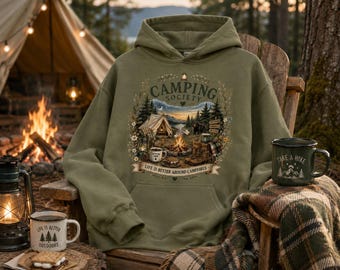 Camping Society hoodie, vintage ontwerp van een kampvuurtent, outdoor avontuur sweatshirt