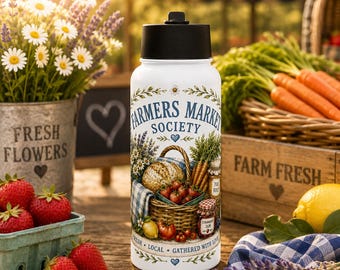 Waterfles van de Farmers Market Society, Cottagecore waterfles, Farm Fresh fles, cadeau voor liefhebbers van de boerenmarkt, waterfles met tuinthema