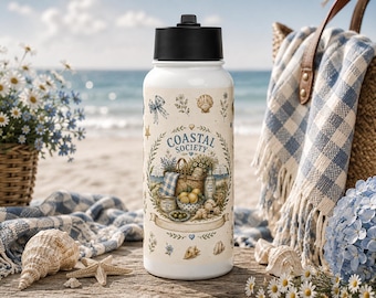 Waterfles van Coastal Society, cadeau voor strandliefhebbers, drinkbeker met Coastal Grandma-print, fles voor oceaanliefhebbers, roestvrijstalen waterfles
