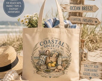 Coastal Society draagtas, strandtas, Coastal Grandma tas, cadeau voor oceaanliefhebbers, herbruikbare boodschappentas, nautische canvas tas, cadeau voor strandliefhebbers