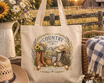Country Society draagtas, canvas draagtas in boerderijstijl, western draagtas, cadeau voor een countrymeisje, cottagecore boodschappentas, rustieke draagtas, cadeau voor een cowgirl