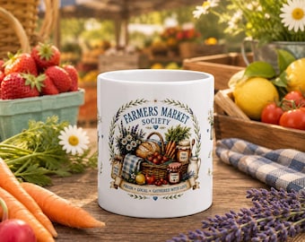 Mok van de Farmers Market Society, Cottagecore koffiemok, Farm Fresh mok, cadeau voor liefhebbers van de boerenmarkt, tuinmok, cadeau voor broodliefhebbers