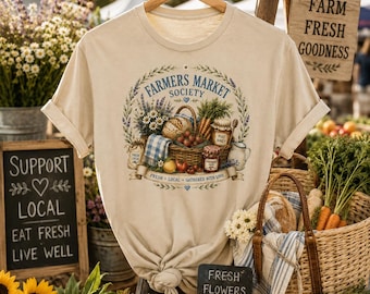 T-shirt van de Farmers Market Society, T-shirt met cottagecore-print, vintage boerderij-T-shirt, T-shirt voor op het platteland, tuincadeau, T-shirt voor de bloemenmarkt