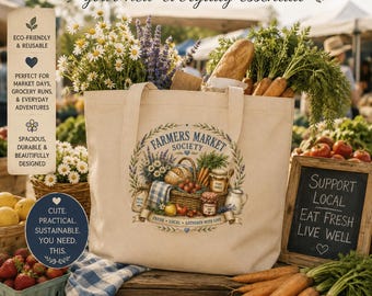 Farmers Market Society draagtas, boerenmarkttas, cottagecore draagtas, boodschappentas, cadeautas met verse producten van de boerderij, draagtas voor broodliefhebbers, markttas