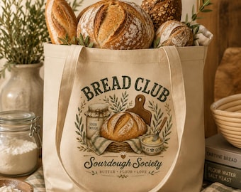 Torba na zakupy Bread Club Sourdough Society, prezent dla miłośnika chleba, torba Baker Market, torba płócienna Cottagecore, prezent dla miłośników pieczenia chleba na zakwasie