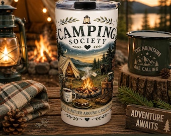 Camping Society reismok, vintage koffiemok voor bij het kampvuur, beker voor buitenavonturen