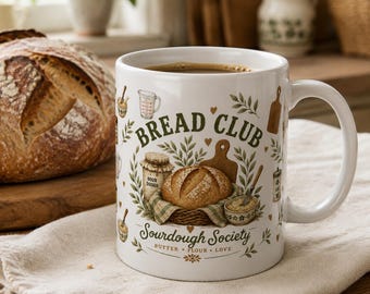 Tazza del club del pane, tazza da caffè della Sourdough Society, regalo per gli amanti del lievito madre, tazza per la panificazione, tazza da cucina in stile cottagecore, regalo per fornai, tazza rustica per il pane