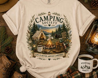 Camping Society Graphic Tee, Vintage Campfire Adventure Shirt