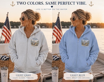 Hoodie met rits van de Boating Society, hoodie voor bootliefhebbers, hoodie met rits over het meer, nautisch sweatshirt, cadeau voor watersportliefhebbers, hoodie voor een huis aan het meer