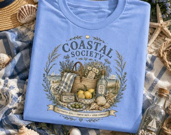 T-shirt van de Coastal Society, T-shirt voor strandliefhebbers, T-shirt voor kustoma's, Cadeau voor oceaanliefhebbers, T-shirt met nautische print, T-shirt met schelpen