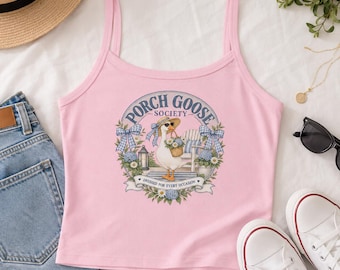 Tanktop van de Porch Goose Society, cadeau voor Porch Goose-liefhebbers, tuingans-shirt, cottagecore tanktop, grappig ganzencadeau, zomerse ganzentop