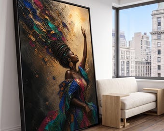 Elegant African Woman Canvas, Colorful Dress Wall Art, Ethnic Portrait Painting, Cultural Home Decor, Graceful Female Figure Canvas