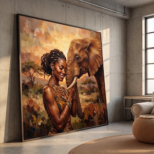 Puede incluir: Un gran cuadro rectangular de pared con una pintura al óleo de una persona con el cabello trenzado, un top estampado y joyas de cuentas, de pie junto a un elefante en un paisaje de sabana con un cálido cielo al atardecer.
