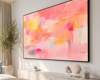 Tela abstrata rosa suave, arte de parede em tons pastel, pintura moderna com pinceladas, decoração para casa em tons quentes, impressão em tela contemporânea
